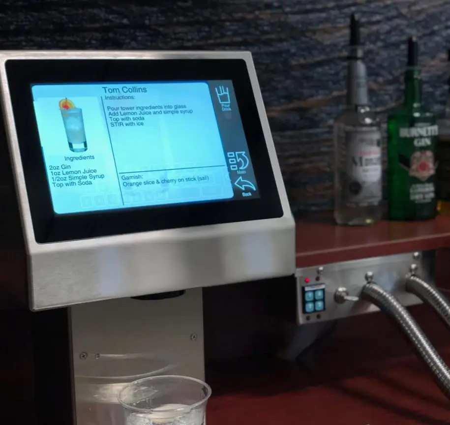 Easybar beverage control system touchscreen displaying cocktail recipe for theme park bar